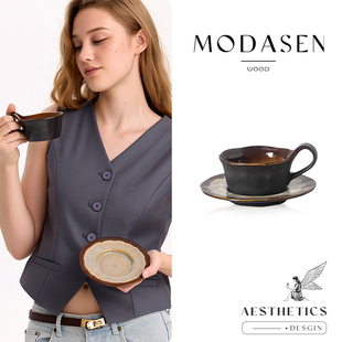 MODASEN BYDO复古小众陶瓷咖啡杯碟冰裂纹拉花下午茶杯礼物 窑变