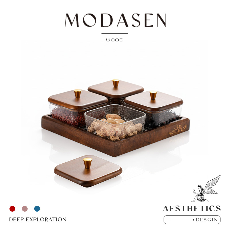 MODASEN胡桃木玻璃分格点心盘