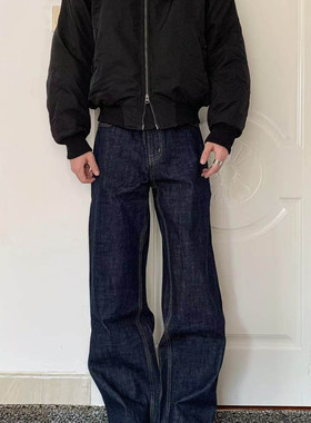 新时代OG  老钱风深蓝色赤耳红边原牛直筒微喇阔腿cleanfit牛仔裤