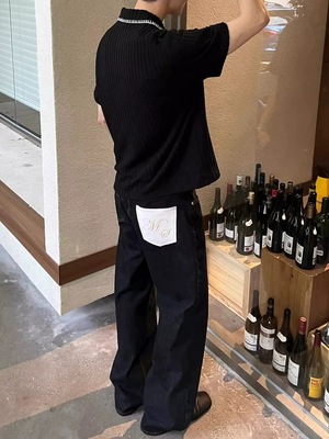 新时代OG马毛冈山原牛14.5盎司弯刀原色baggy阔腿直筒黑色牛仔裤