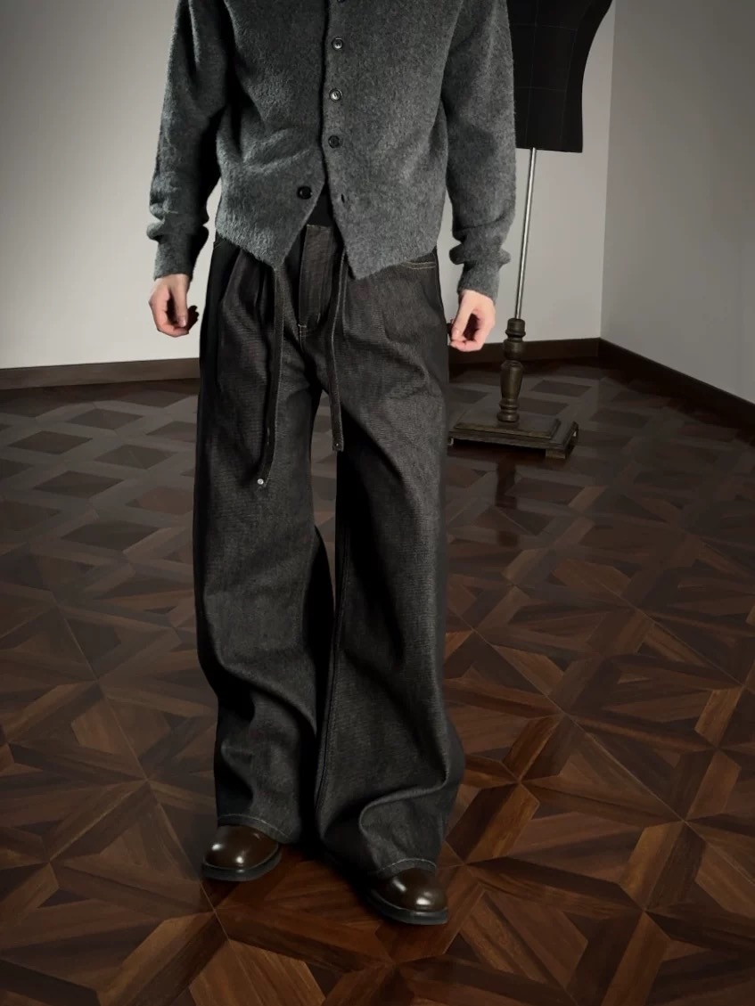 新时代OG老钱风剑道双褶原牛13盎司A字cleanfit宽松固色牛仔裤子