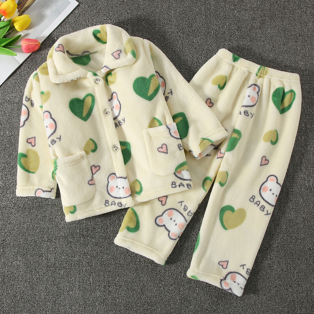 秋冬季儿童珊瑚绒睡衣法兰绒家居服套装男童女童女孩宝宝小孩加厚