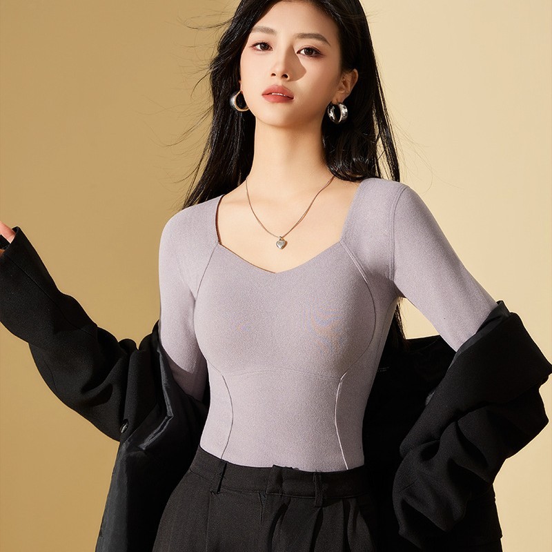 石墨烯发热保暖内衣女式带胸垫一体式8867长袖内搭上衣打底衫修身