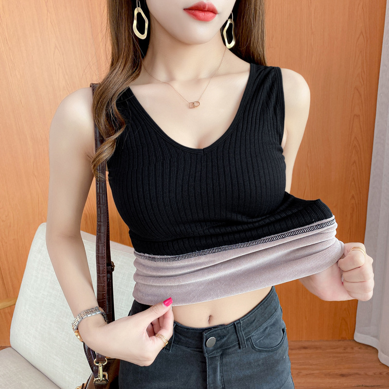 2025保暖背心女加绒加厚V领带胸垫秋冬保暖上衣女内搭双层打底衫