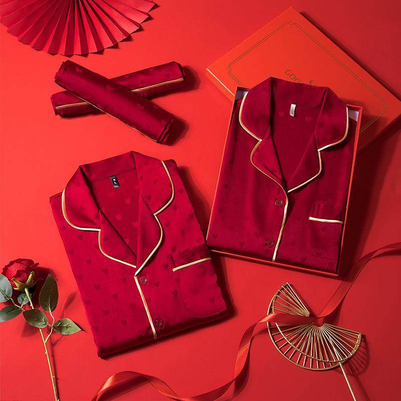 情侣睡衣女春秋季结婚缎面短袖新婚红色本命年提花男士家居服套装,女士内衣/男士内衣/家居服,睡衣/家居服套装,淘宝优惠券,粉丝福利购,淘宝优惠卷