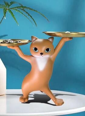 现货动物摆件妖娆猫托盘收纳客厅玄关桌面家居装饰摆件树脂工艺品