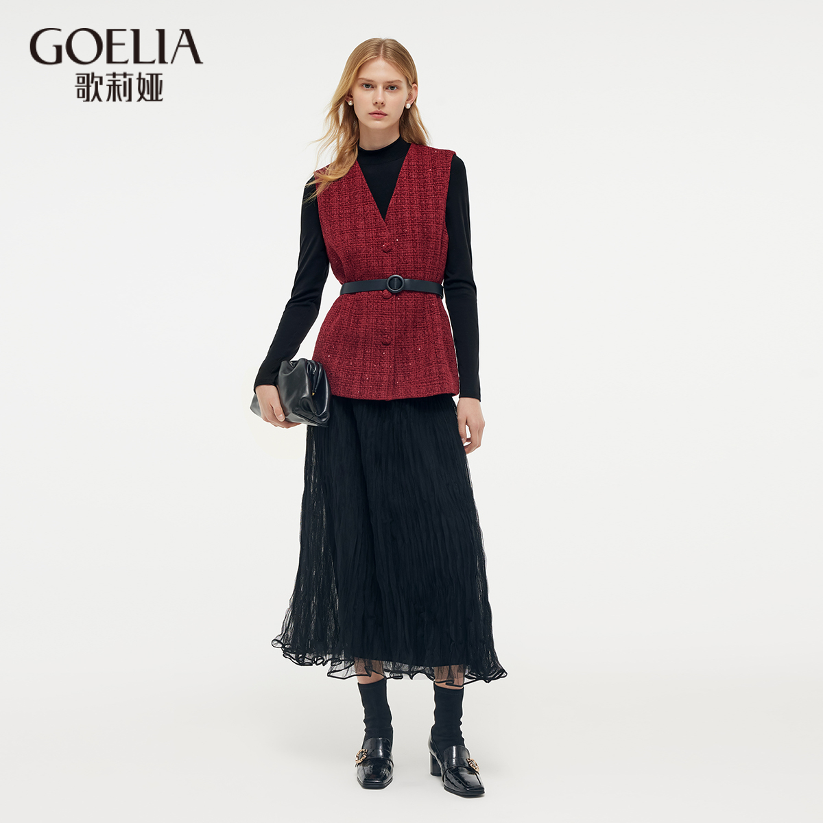 歌莉娅小香风套装（梭织马甲+针织上衣+梭织半裙+腰带）1E1RAB610