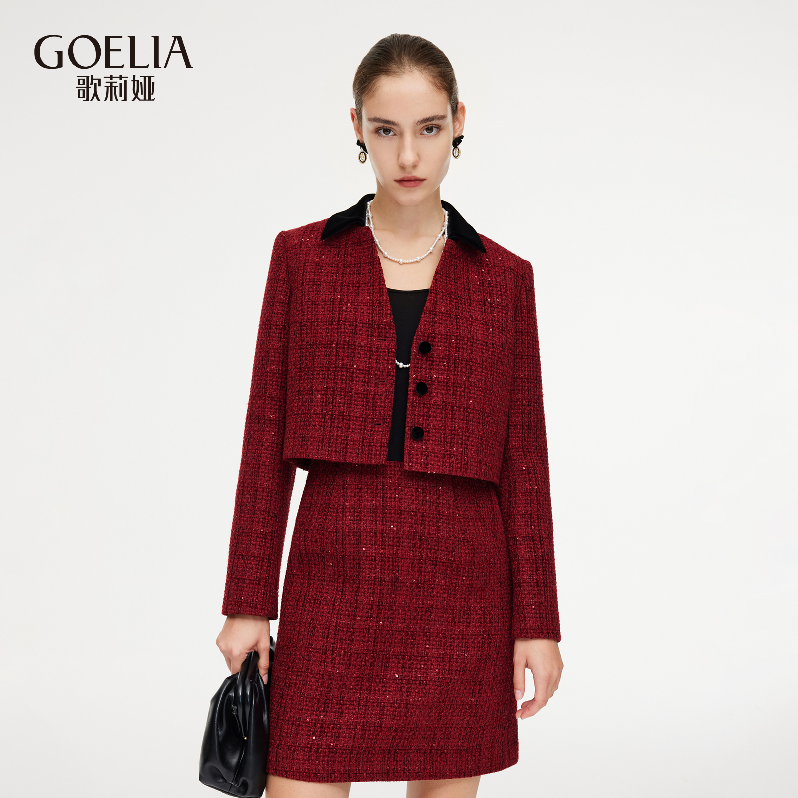 歌莉娅秋季新品撞色小香风外套+假两件连衣裙1E9LAH1U0