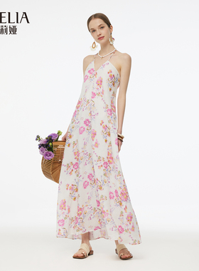 歌莉娅春季新品亚麻印花绑带连衣裙配头花1E3L4K89A