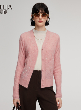 歌莉娅冬季新品马海毛钉珠扭花开衫1ENL6J1P0