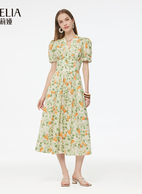 歌莉娅夏季新品夏梦金橘V领棉布印花连衣裙1E5C4K690