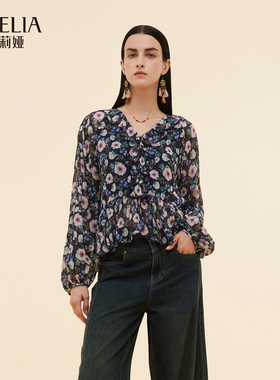 歌莉娅秋季新品10姆米真丝乔其印花波浪摆梭织衫配发带1E8L3I510