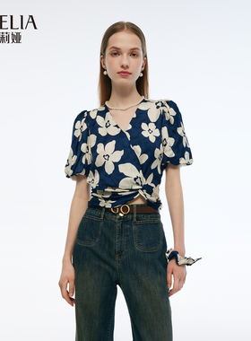 歌莉娅夏季新品人丝人棉印花纽结上衣（配送发圈）1E6R3B240