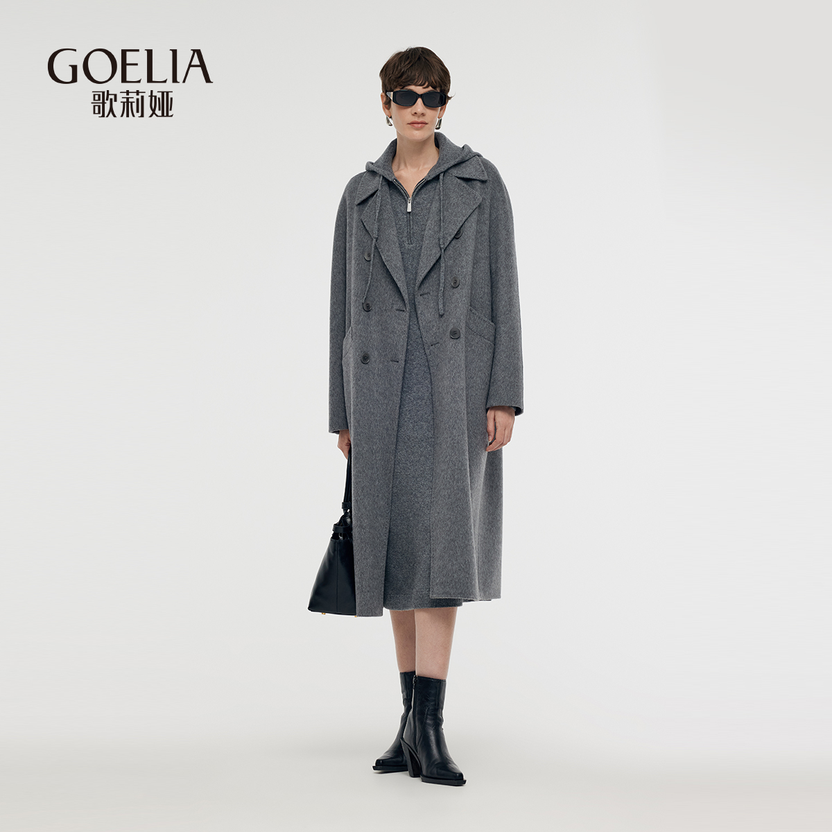 歌莉娅冬季新品羊驼羊毛长毛双面呢连袖大衣1CNC6N64B
