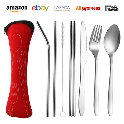 Stainless steel knife, fork, spoon, straw, 8-piece set, cloth bag cutlery bag, outdoor travel student convenient cutler