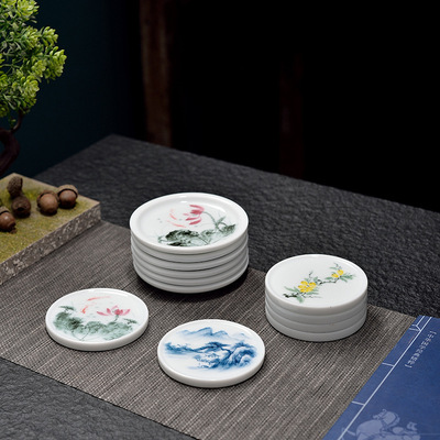 Multi pattern handmade painted sheep fat jade porcelain teapot holder, tea cup coaster cover, ceramic teapot bottom hol