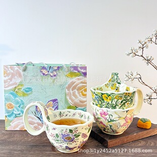 Vintage oil painting with blooming flowers, coffee cup, ceramic mug, drinking cup, milk cup, afternoon tea, stylish bir