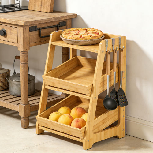 Bamboo multi-layer kitchen storage rack, multifunctional storage rack, household countertop storage rack with hooks, fr