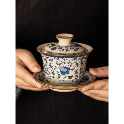Blue and white Ru kiln, three talents, covered bowl, tea cup, single high-end Kung Fu tea set, tea bowl with lid, non s