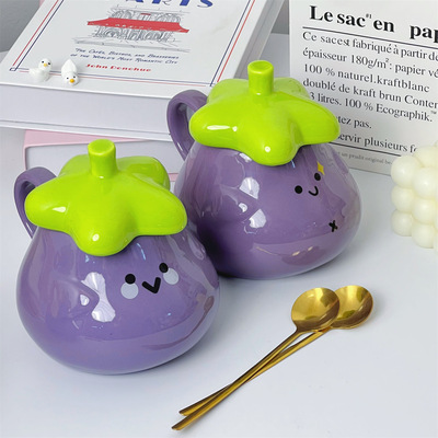 Single item - Mug with lid, eggplant water cup, Dwen Dwen cup, cute and cute cup, high aesthetic ceramic cup, gift givi