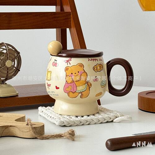 Butter Bear with Lid Spoon Mug Ceramic Cup Hand in Hand Birthday Gift Giving Little Bear Water Cup Breakfast Coffee Cup