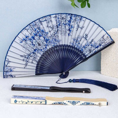 Siyitang ladies' fan, Chinese style blue and white porcelain, classical ancient style folding fan, women's stage prop c