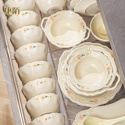 Kangmo Bowl and Dish Set, Glazed Color Wind Resistant High Temperature Bowl and Dish Set, Combination White Porcelain R