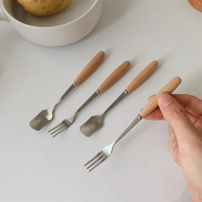 Student wooden handle stainless steel cutlery set, steak dessert style, long handled chopsticks, forks, spoons set