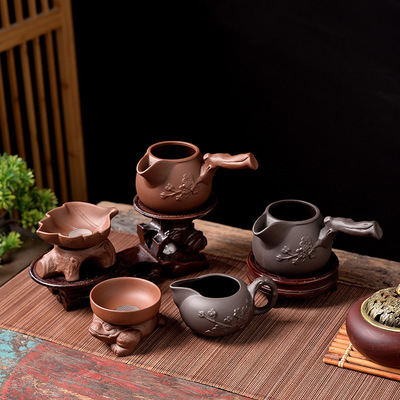 Purple clay Kung Fu tea set, bamboo tea strainer, fair cup, tea strainer integrated set, home office tea set accessorie