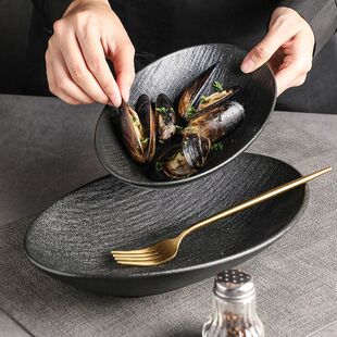 Minimally designed ceramic oval dish, steamed fish dish, household commercial hotel tableware, Western cuisine, vegetab