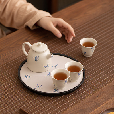 Grass, Ash, Butterfly, Kung Fu Tea Set, Home Hotel, Single Person, Tea Pot, Three Cups, Dry Tea Tray, Table