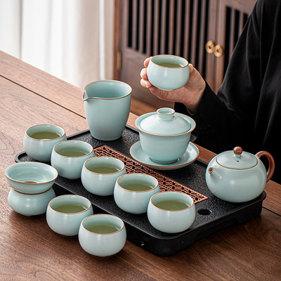 Ru Kiln Tianqing Kung Fu Tea Set, Home Office Reception Ceramic Teapot, Tea Cup, Tea Tray Set, Tea Drinking Set
