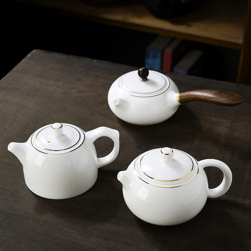 Dehua white porcelain, sheep fat jade porcelain, gilded Xishi teapot, household kung fu tea set, tea pot, side handle t