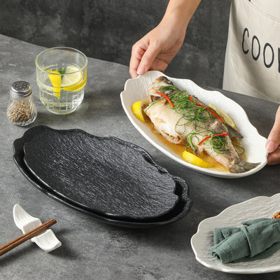 Creative ceramic stone patterned irregular oval steamed fish dish for home and commercial use, Western style light luxu