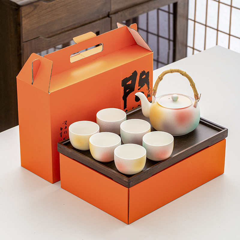 Tea set, large capacity handle pot, one pot, six cups with bamboo tray, colorful peach blossom hole glazed tea pot, tea