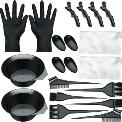 22 piece hair dye tool set, hair comb brush, disposable shower cap, latex gloves, hair dye bowl design, hot dye