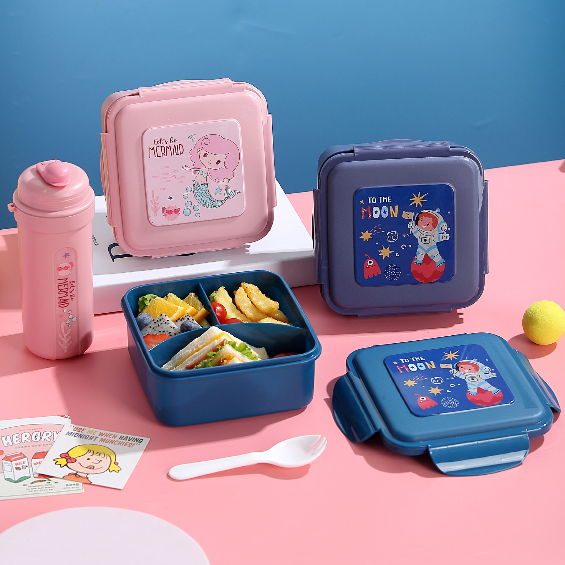 Cartoon sealed three compartment lunch box with water cup set, plastic student lunch box, office worker lunch box with