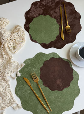 Imitation velvet leather placemat with silk like floral insulation, French light luxury mint chocolate tea cup mat