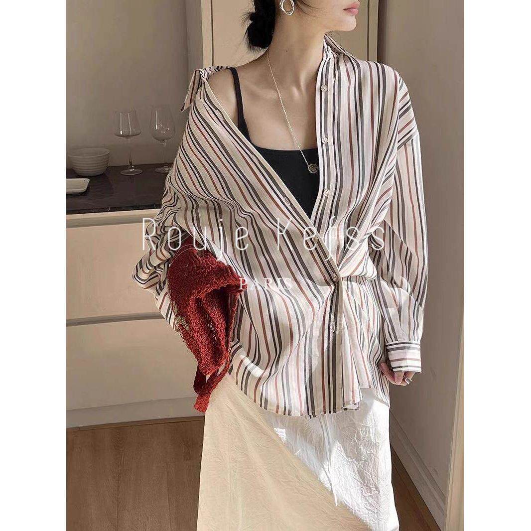 Rouje kefss法式肌理感天丝条纹衬衫女春季设计感覆古慵懒风上衣