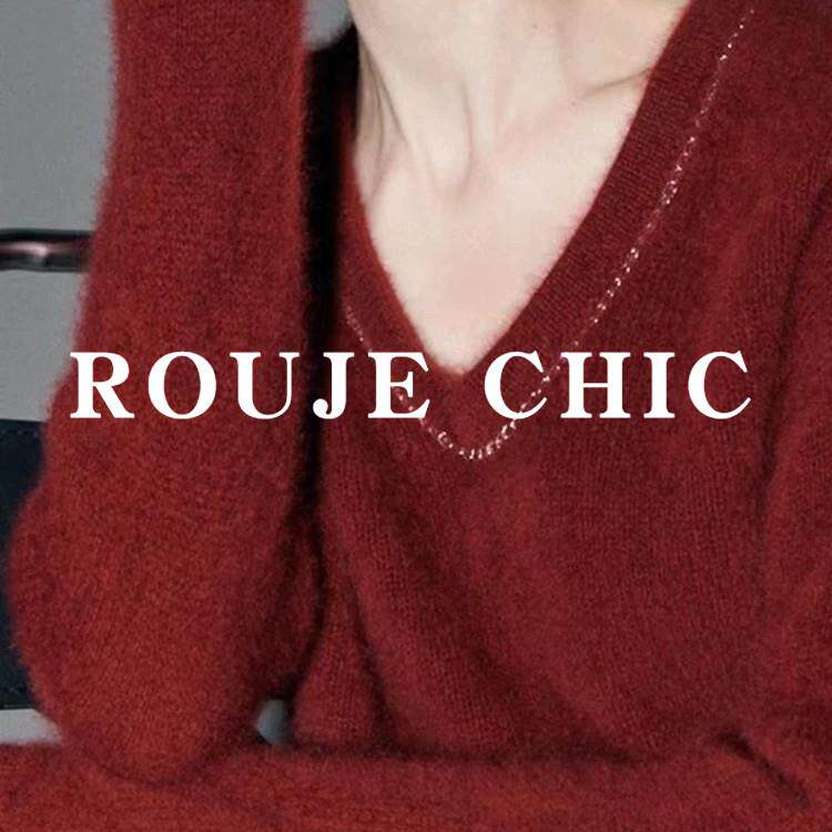 法国rouje chic安可拉红亮片红色v领马海毛毛衣女冬季洋气针织衫