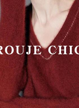 法国rouje chic安可拉红亮片红色v领马海毛毛衣女冬季洋气针织衫
