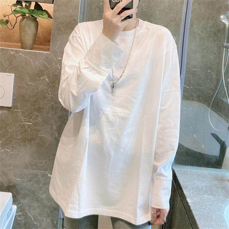 韩国纯棉中长款t恤女长袖大码宽松中国潮bf风衬衫袖白色上衣春