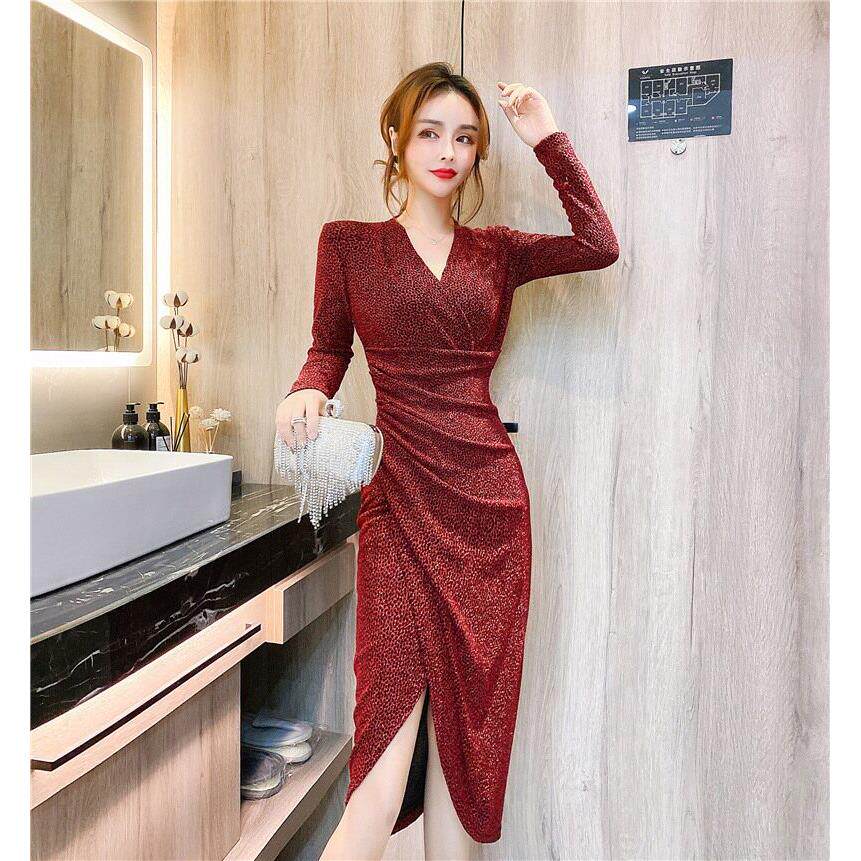 Ocnltiy春季新款女装名媛气质V领长袖性感开叉包臀礼服连衣裙子