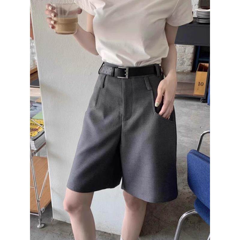 Rouje Damas高级感灰色薄款西装短裤女轻熟风直筒五分裤阔腿裤子