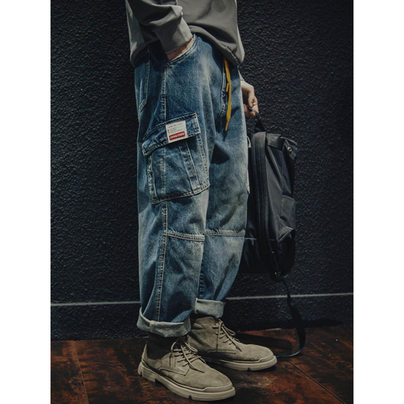 爆款~潮牌it neith BIAS工装牛仔裤男宽松直筒胖子大码哈伦秋冬季