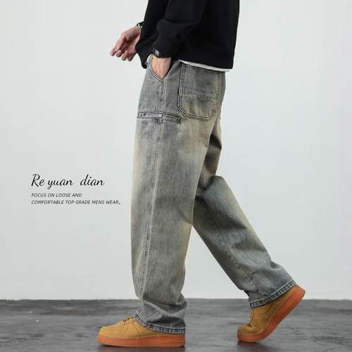 コーデュロイの潮牌黄泥色牛仔裤男直筒宽松港风春秋季新款长裤子
