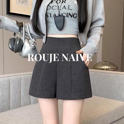ROUJE NAIVE毛呢短裤女秋冬2025新款高腰外穿显瘦a字配靴子阔腿裤