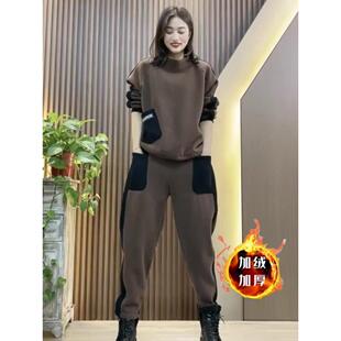 欧洲站运动套装女秋冬季2025新款时髦时尚洋气加绒加厚卫衣两件套
