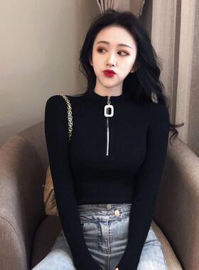 半高领打底衫女秋冬内搭2025年新款韩版修身针织毛衣拉炼黑色上衣