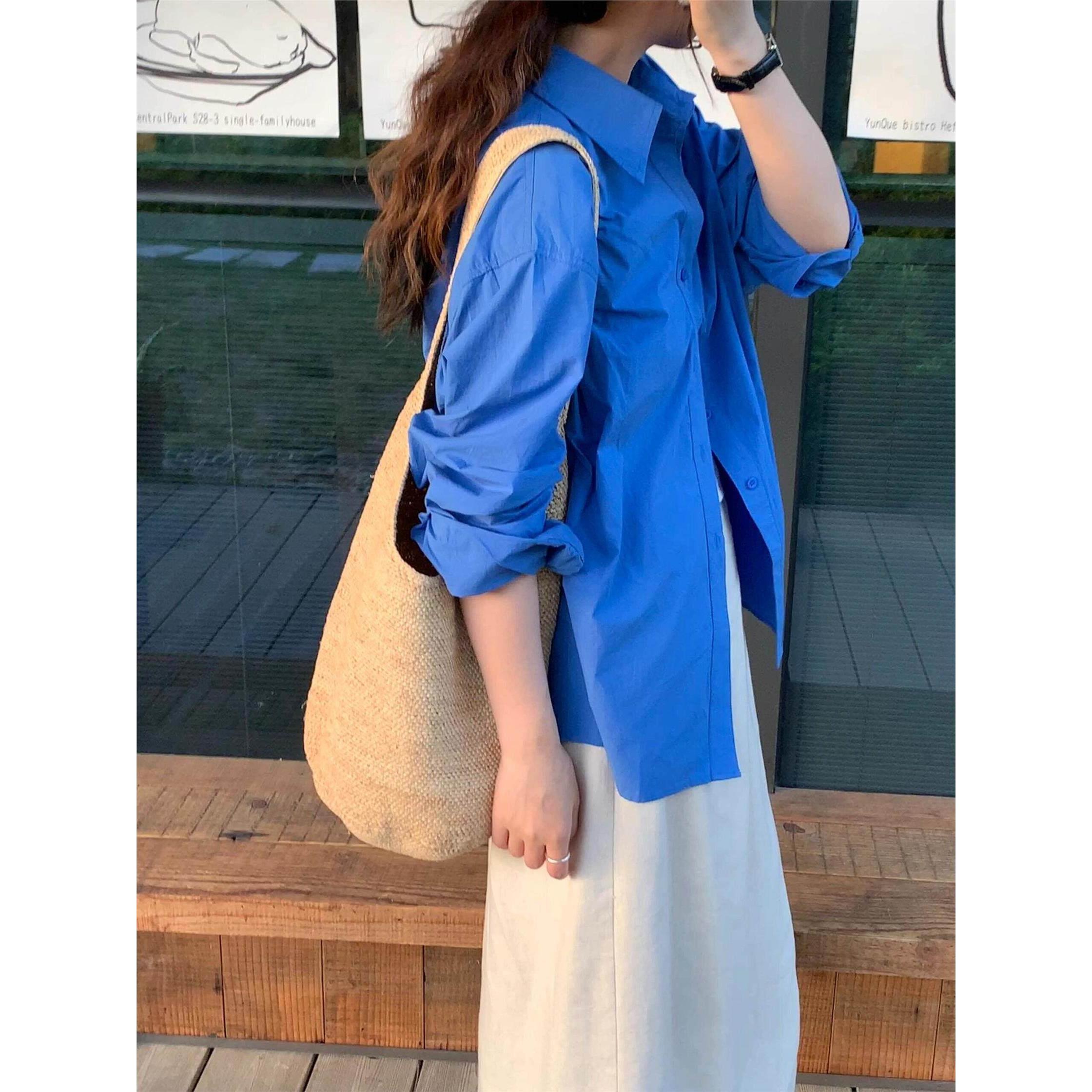 NextMary克莱因蓝色长袖衬衫女春季学院风衬衣宽松慵懒显瘦上衣